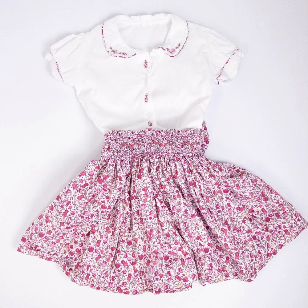 Vintage 90s Creation Imaho Skirt Set Kids 4 White Pink Floral Embroidered 2‎ Pc